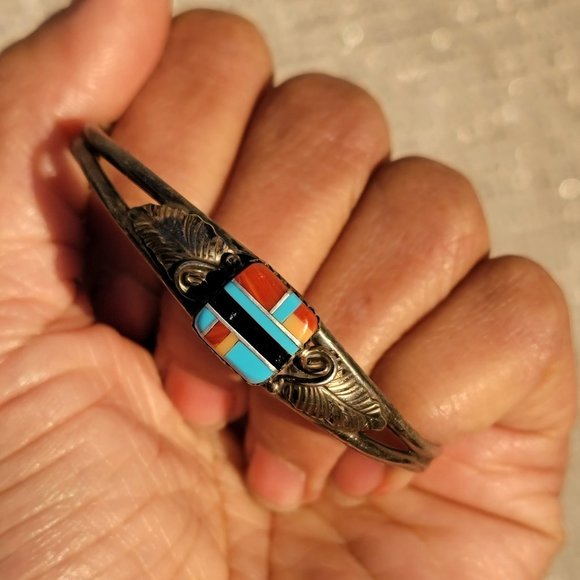 Native American 925 sterling silver square inlay squash blossom vintage bracelet - Picture 7 of 15